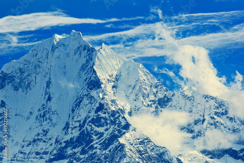 View of mountain peak Thamserku (6,608 m.). Himalayas, Sagarmatha National Park, Nepal