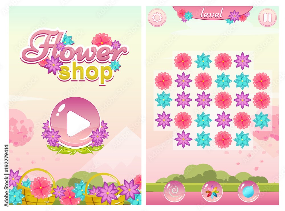 Match Three Flower Shop Game with Start Screen and Field Match Three Flower Shop Game with Start Screen and Field