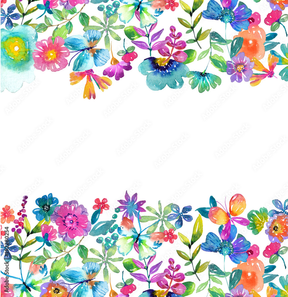 Watercolor color flowers, leaves and butterfly