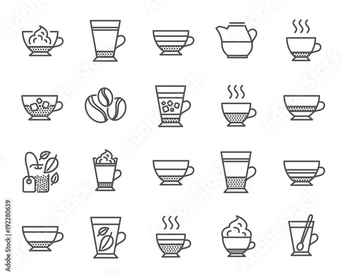 Coffee types and Tea icons. Set of Latte, Frappe and Cappuccino signs. Espresso, Doppio and Cafe Crema symbols. Americano, Whipped cream and Coffee with ice. Mocha, Herbal and Mint tea cups. Vector