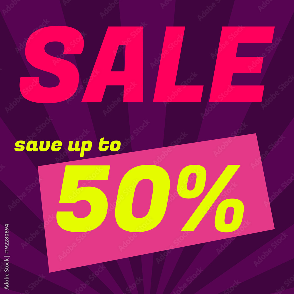 Sale poster, banner. Big sale, clearance. 50 off. Graphic design of discount offer price label. Vector illustration