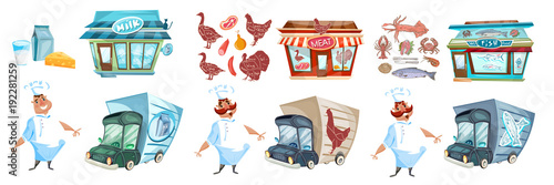 Milk shop, butcher shop and fish shop cartoon collection