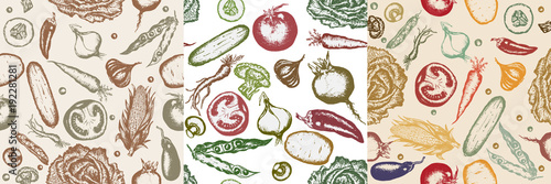 Three vegetable vector seamless pattern. Vintage vegetables pattern.