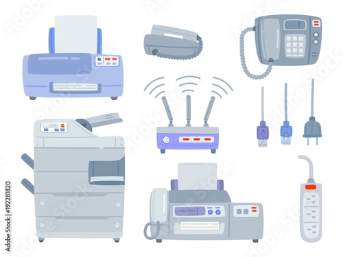 Set of office equipment, Printer, Phone, Copier,Fax, WI-FI Router, Wire, Cable, Plug socket Office electronics digital