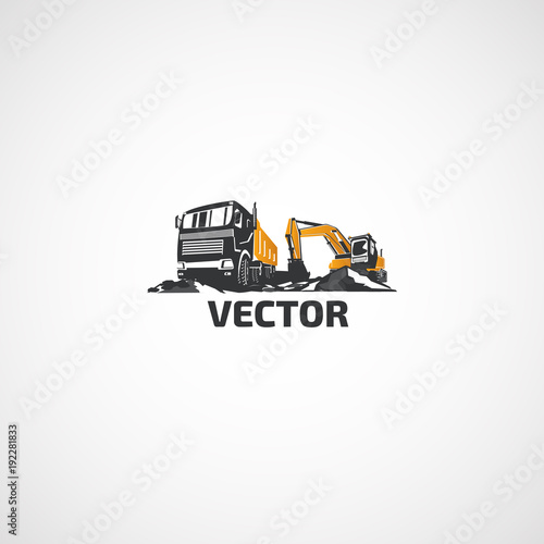 Vector heavy construction truck and excavator.