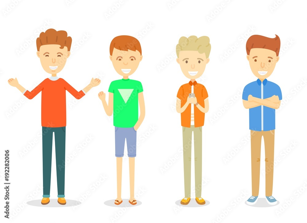 Set of men character standing in casual ware, Collection of Happy guy character smiling, Young men standing in different posture, Set of young men in different clothes, Cartoon character illustration Set of men character standing in casual ware, Collection of Happy guy character smiling, Young men standing in different posture, Set of young men in different clothes, Cartoon character illustration