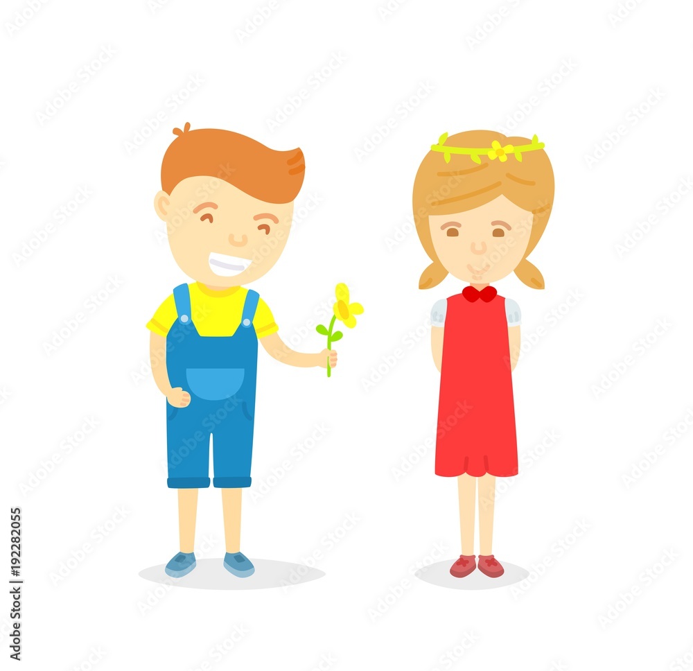 Cartoon character of boy and girl in loving concept, Boy giving flower to girl for love, isolated on white background, Character of happy boy and girl, Love card for valentine day in cartooning style