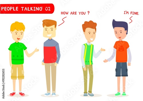Set of two men talking about   How are you      Two men character talking  Young guy  Gestures  I m fine  Stylized cartoon character  Cartoon for education  Two men meeting  Student  Two men greetings