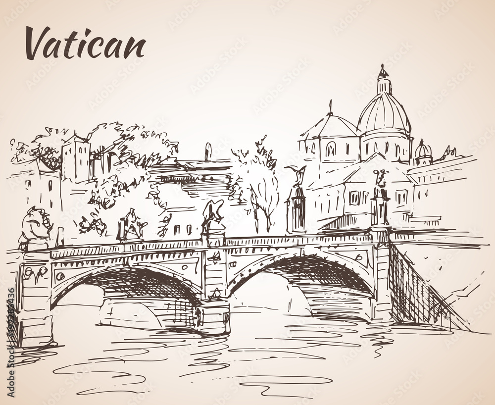 Vatican city. Sketch with bridge. Italy