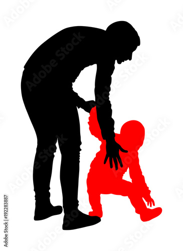 Mother teaching baby to walk, vector silhouette illustration isolated on white background. First steps learning in life. Mom helping baby. Teacher or animator in kinder garden.