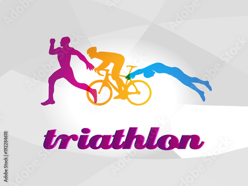 Color flat logo triathlon. Vector figures triathletes
