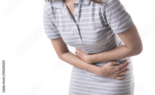 Young women stomach pain or painful period on white background.