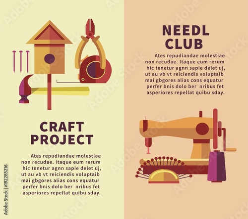 Creative art and handicraft workshop vector flat poster of woodwork and needlework instruments