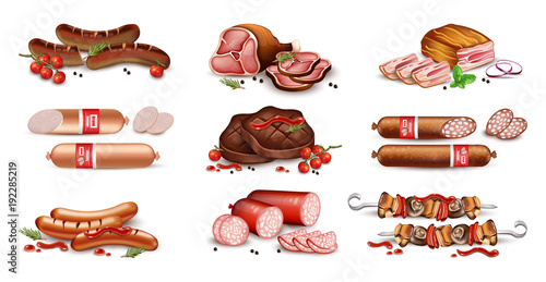 Meats set collection Vector realistic. Sausage, salami, bacon and barbecue detailed illustrations