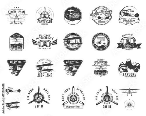 Vintage hand drawn old fly stamps. Travel or business airplane tour emblems. Biplane academy labels. Retro aerial badge isolated. Pilot school logos. Plane tee design, prints, web design. Stock vector