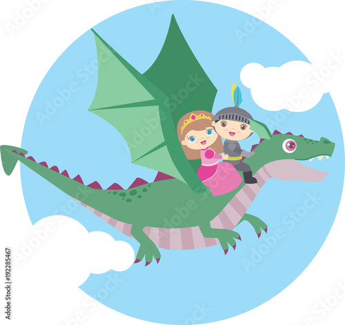 Cute Little Boy and Girl Flying on a Dragon Circle Design Isolated on White
