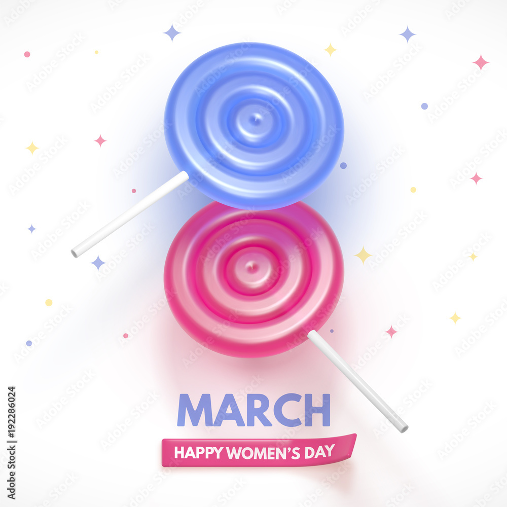 8 March flyer. International Women's Day. Happy Mother's Day. Blue and pink Lollipop form a figure of 8. 8 March flyer. International Women's Day. Happy Mother's Day. Blue and pink Lollipop form a figure of 8.