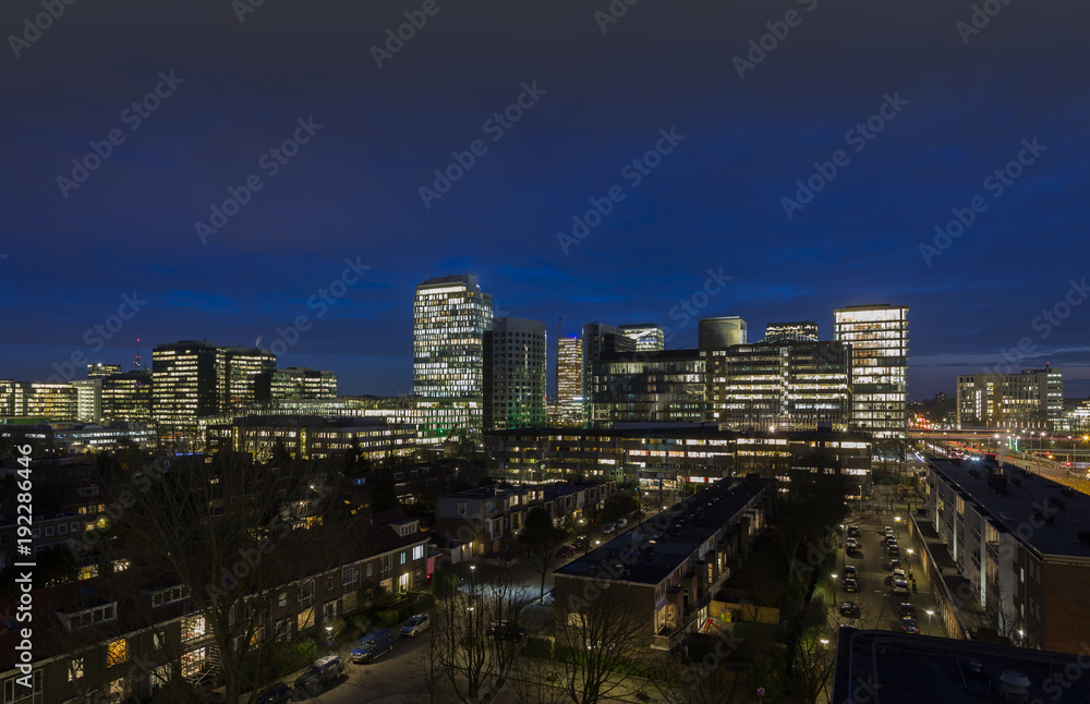Night shot of Amsterdam showing Zuidas the business and financial district.