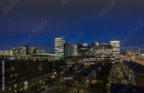 Night shot of Amsterdam showing Zuidas the business and financial district.
