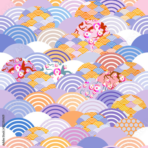 seamless pattern fish scales simple Nature background with japanese sakura flower, rosy pink Cherry, wave circle violet purple cobalt orange burgundy colors. Vector