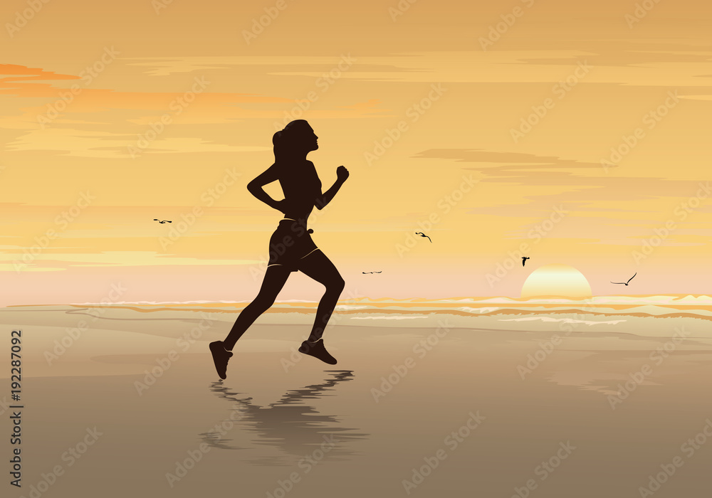 Silhouette of girl running on the beach, Fitness Woman, Walking, Jogging & Exercise - Vector illustration