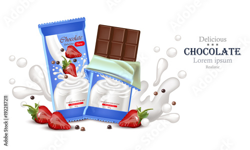 Strawberry chocolate bar with milk cream splash Vector realistic. Product pac...