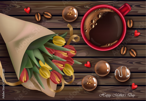 Tulip flowers bouquet and coffee cup Vector realistic illustrations. chocolat...