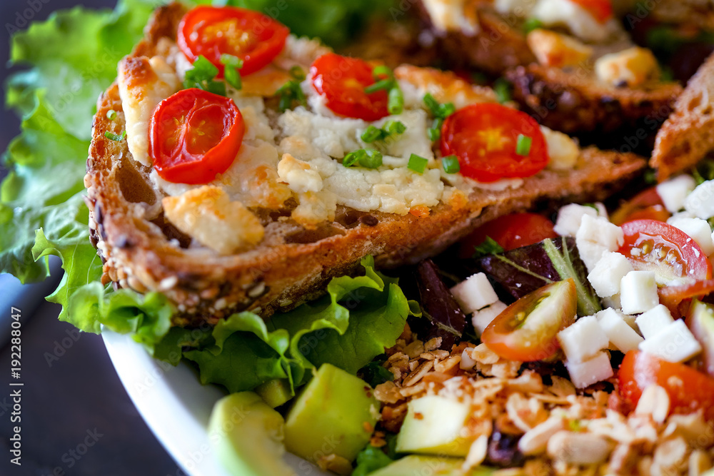 Salad chevre chaud. French kitchen. Close-up. Salad chevre chaud. French kitchen. Close-up.