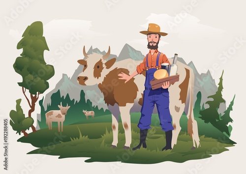 A cow farmer in a meadow, Alpine landscape. Vector isolated illustration for packaging of milk or dairy products.