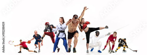 Sport collage about boxing, soccer, american football, basketball, ice hockey, fencing, jogging, taekwondo, tennis