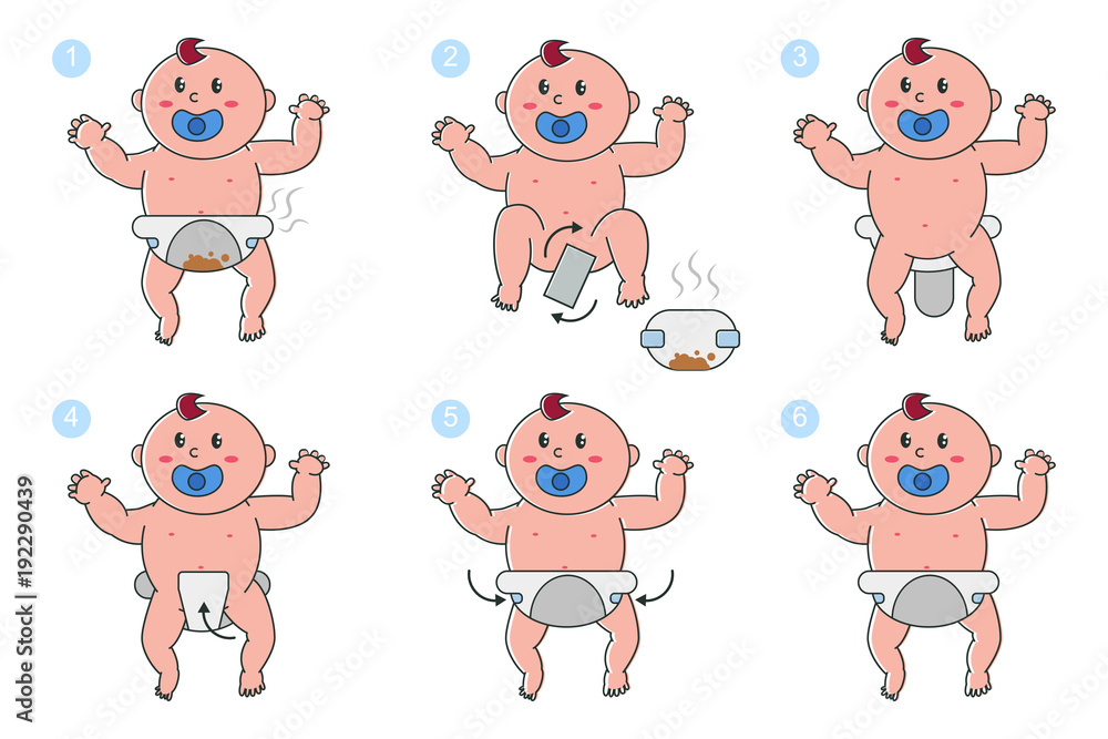 Vecteur Stock Stages of changing diapers in newborn baby vector cartoon