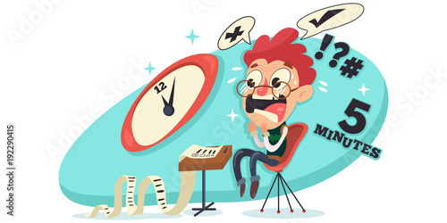 Student experiences exam stress, excitement, worrying, fear. Vector cartoon character illustration.