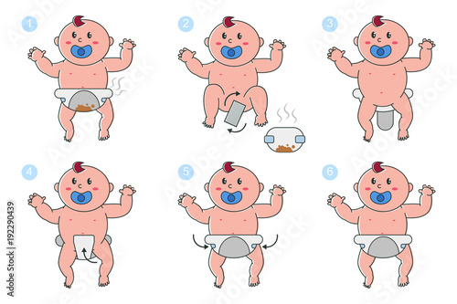 Stages of changing diapers in newborn baby vector cartoon infographics. Сute child in a dirty and clean diaper with a pacifier in his mouth isolated on a white background.