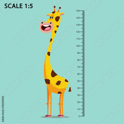 Kids meter wall with a cute smiling cartoon giraffe and measuring ruler. Vector illustration of an animal isolated on a blue background.