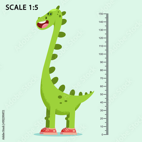 Kids meter wall with a cute smiling cartoon dinosaur and measuring ruler. Vector illustration of an animal isolated on a blue background.