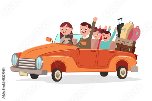 Happy family travel by retro car. Vector cartoon flat illustration of people trip isolated on a white background.