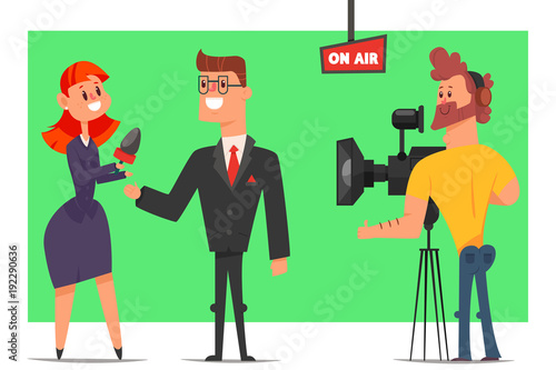 Journalist with a microphone take interviews a businessman in studio. Vector cartoon flat characters of a man, woman and operator with tv camera on a green chroma key background.