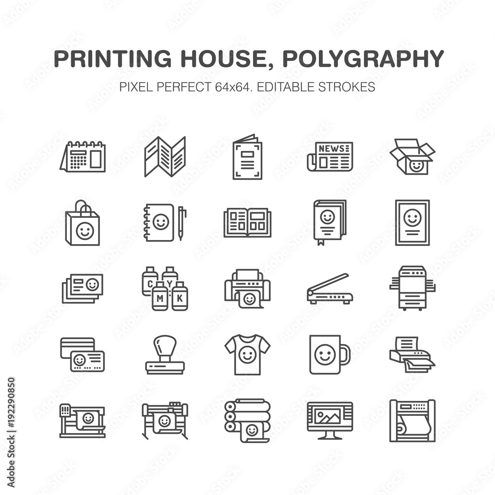 Printing house flat line icons. Print shop equipment - printer, scanner, offset machine, plotter, brochure, rubber stamp. Thin linear signs for polygraphy office, typography. Pixel perfect 64x64.