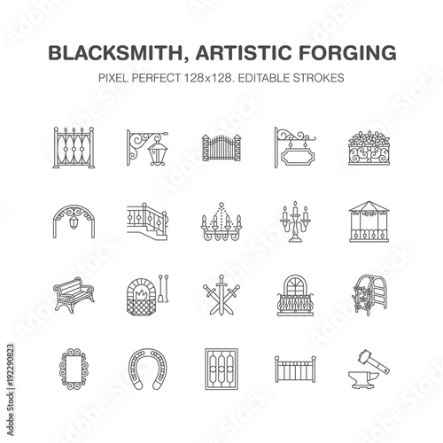 Forged metal products, artistic forging vector flat line icons. Blacksmith , window fence, gate, railing, garden furniture, signboard street lights. Metal decoration signs. Pixel perfect 64x64.