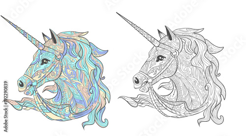 Unicorn tales animal, page for adult coloring book with sample. Color and monochrome doodle vector illustration.