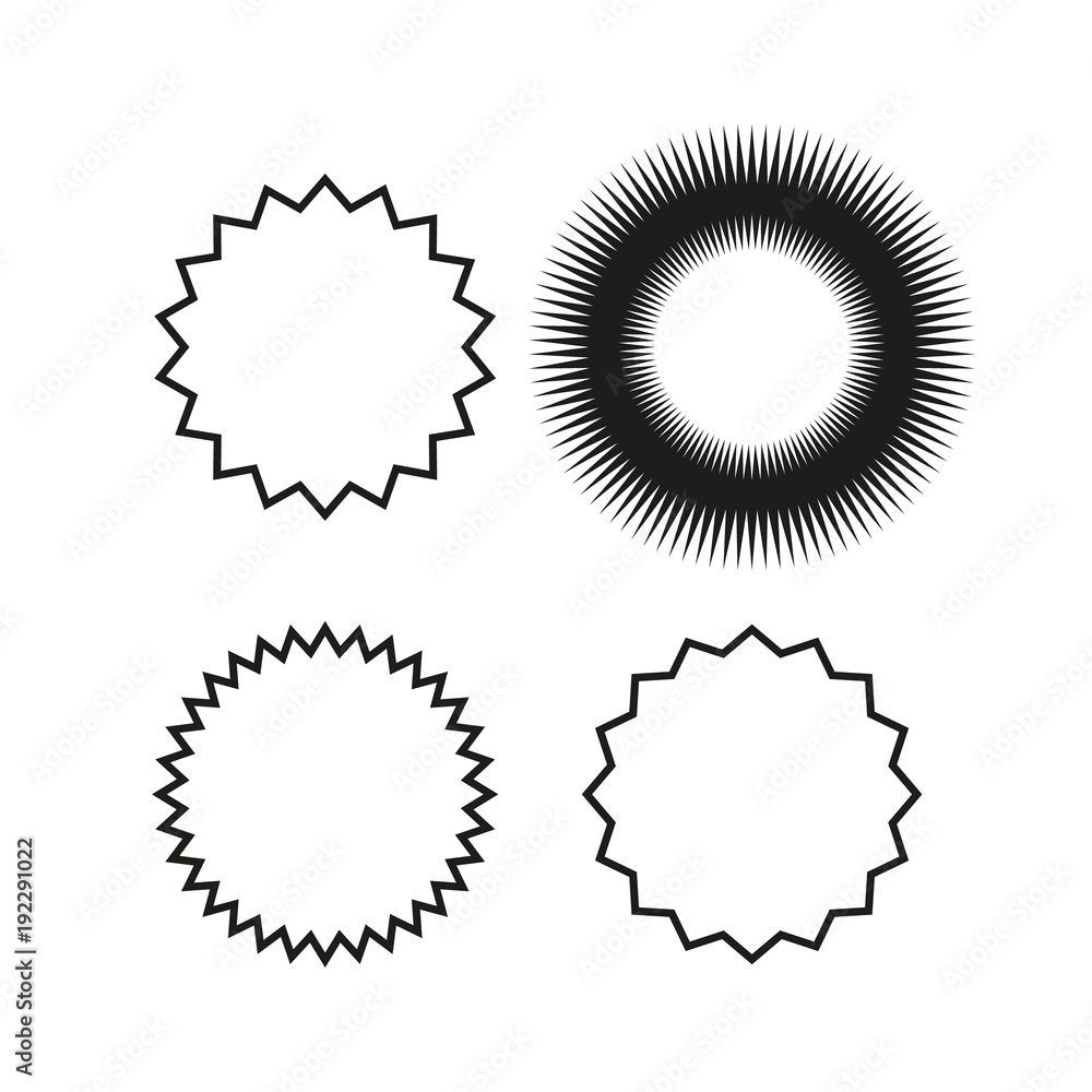 Fototapeta premium Vintage labels, stickers. Set of line, outline starburst, sunburst badges. Black on white color.