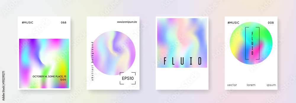Holographic poster set. Abstract backgrounds. Plastic holographic poster with gradient mesh. 90s, 80s retro style. Iridescent graphic template for book, annual, mobile interface, web app.