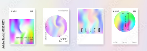 Holographic poster set. Abstract backgrounds. Plastic holographic poster with gradient mesh. 90s, 80s retro style. Iridescent graphic template for book, annual, mobile interface, web app.