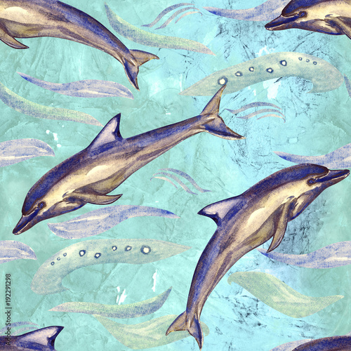 Short-beaked common dolphin  hand painted watercolor illustration  seamless pattern on blue  green ocean surface with waves background