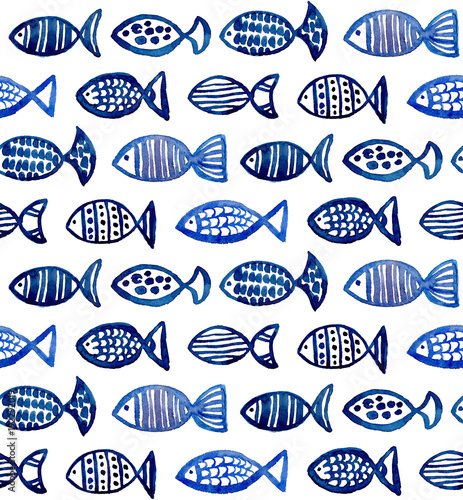 Carta da parati i pesci - Carta da parati Watercolor blue fish pattern. Sea animal background. Aquarium illustration