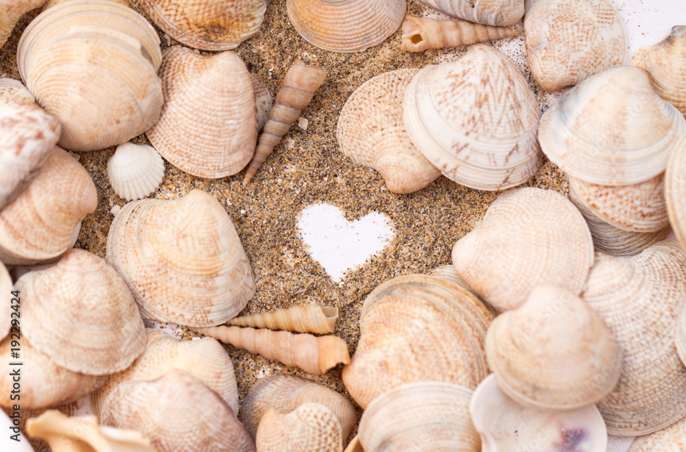 Heart drawn on the sand on the beach among seashells. Vacation, beach.