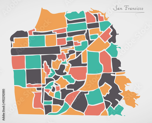 San Francisco Map with neighborhoods and modern round shapes