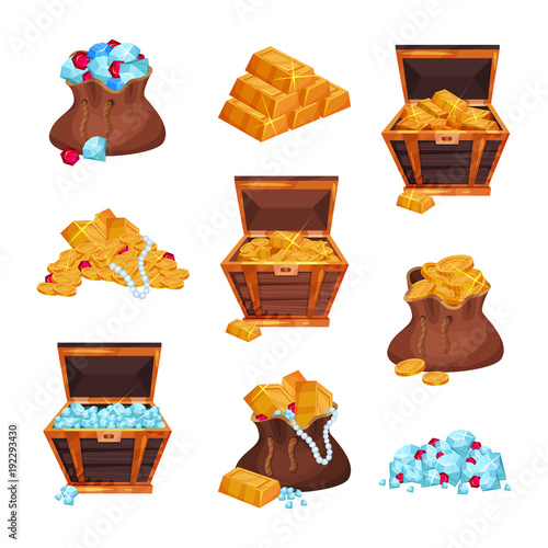 Cartoon set with full bags and wooden chests of pirate treasures, piles of golden bars, coins, diamonds and rubies. Flat vector design for gaming interface