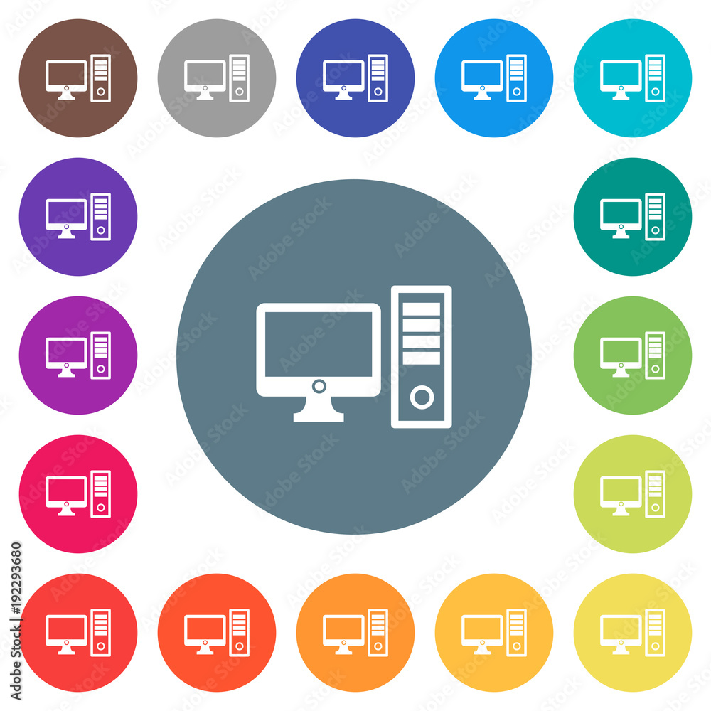 Desktop computer flat white icons on round color backgrounds Desktop computer flat white icons on round color backgrounds