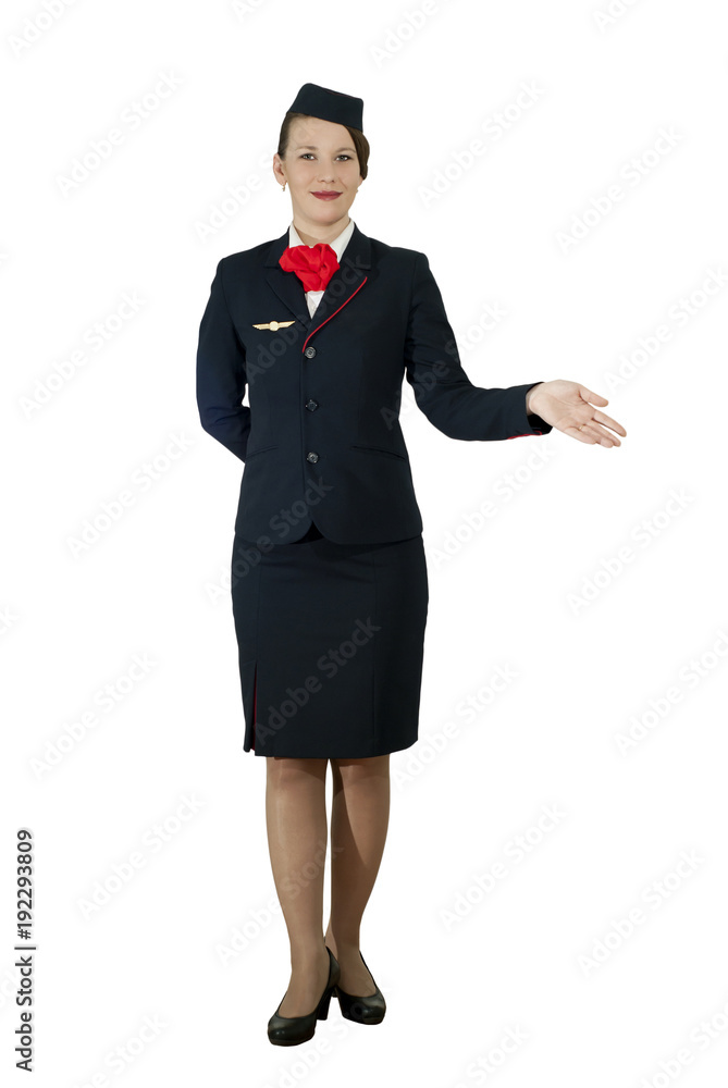 stewardess on white background, smiling, showing his hand to the right, isolated stewardess on white background, smiling, showing his hand to the right, isolated